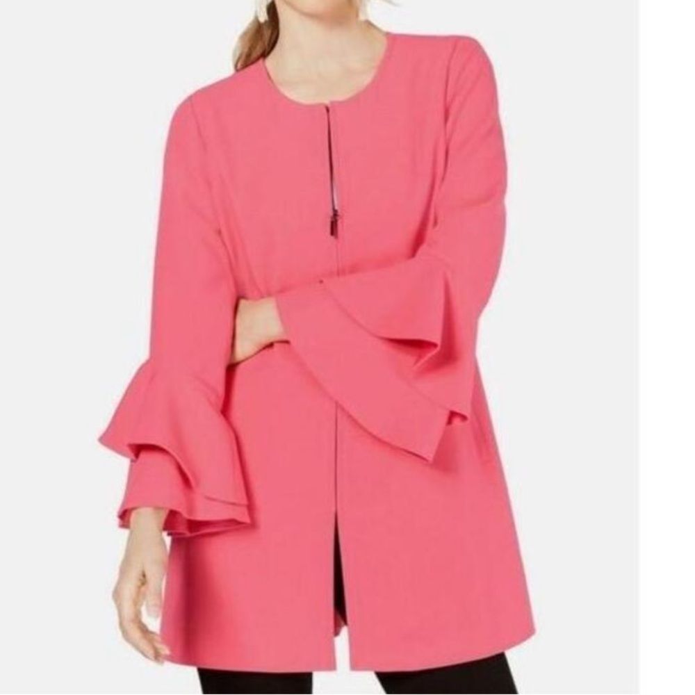 Alfani Pink Ruffle Bell Sleeve Zip Front Jacket Blazer Size L